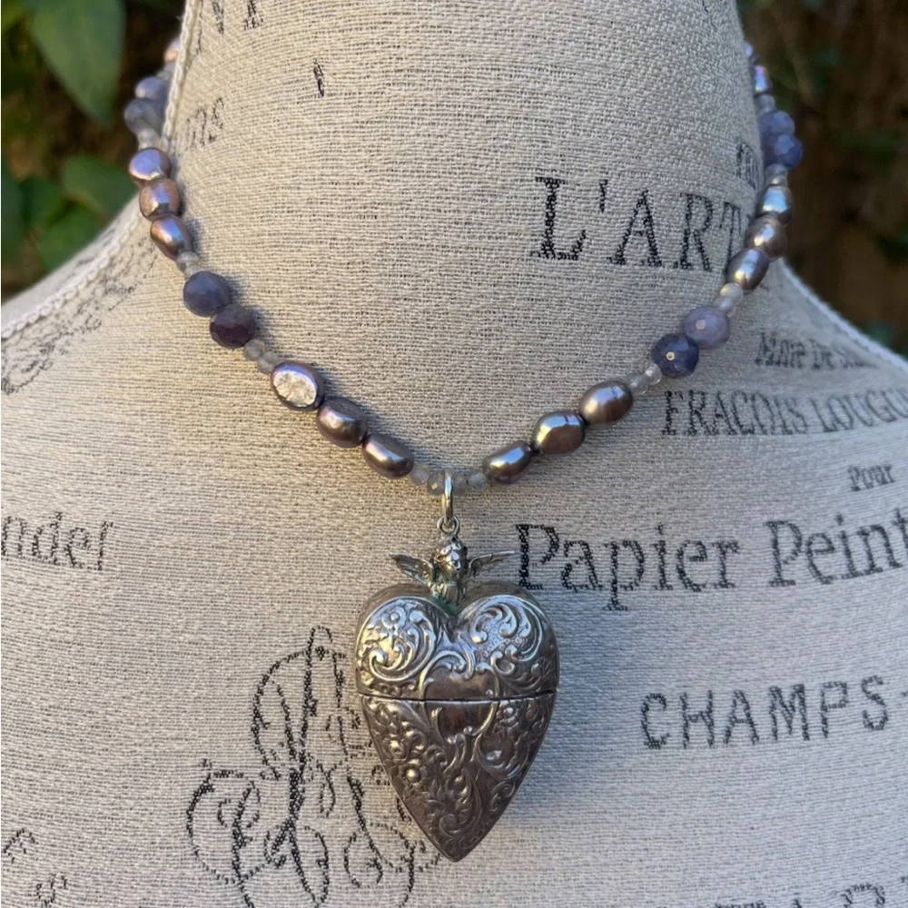 Artisan-Made OOAK Cupid Antique Hearts & Roses Iolite Pearl Labradorite Necklace